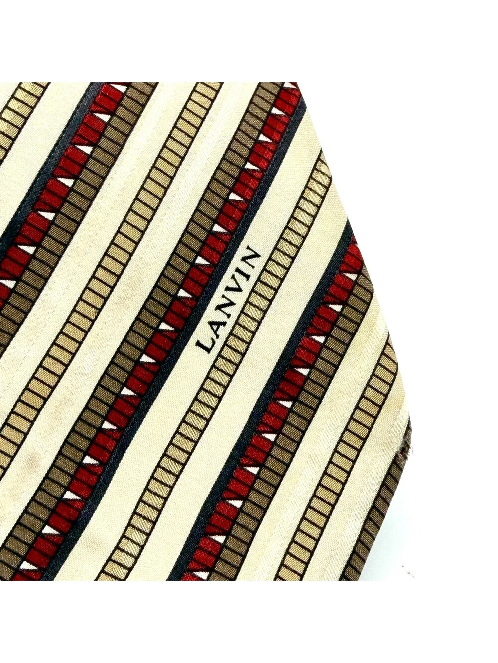 Vintage 80s Lanvin Cream Silk Striped Geometric Tie